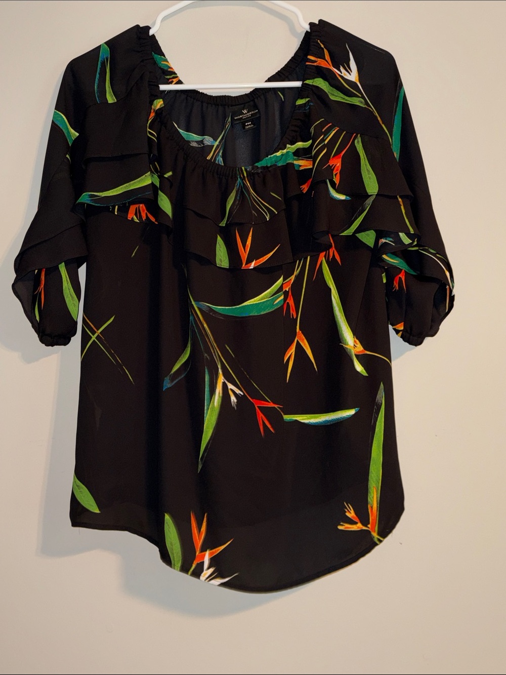 Worthington Black Floral Ruffle Scoop-Neck Blouse with Birds of Paradise flowers